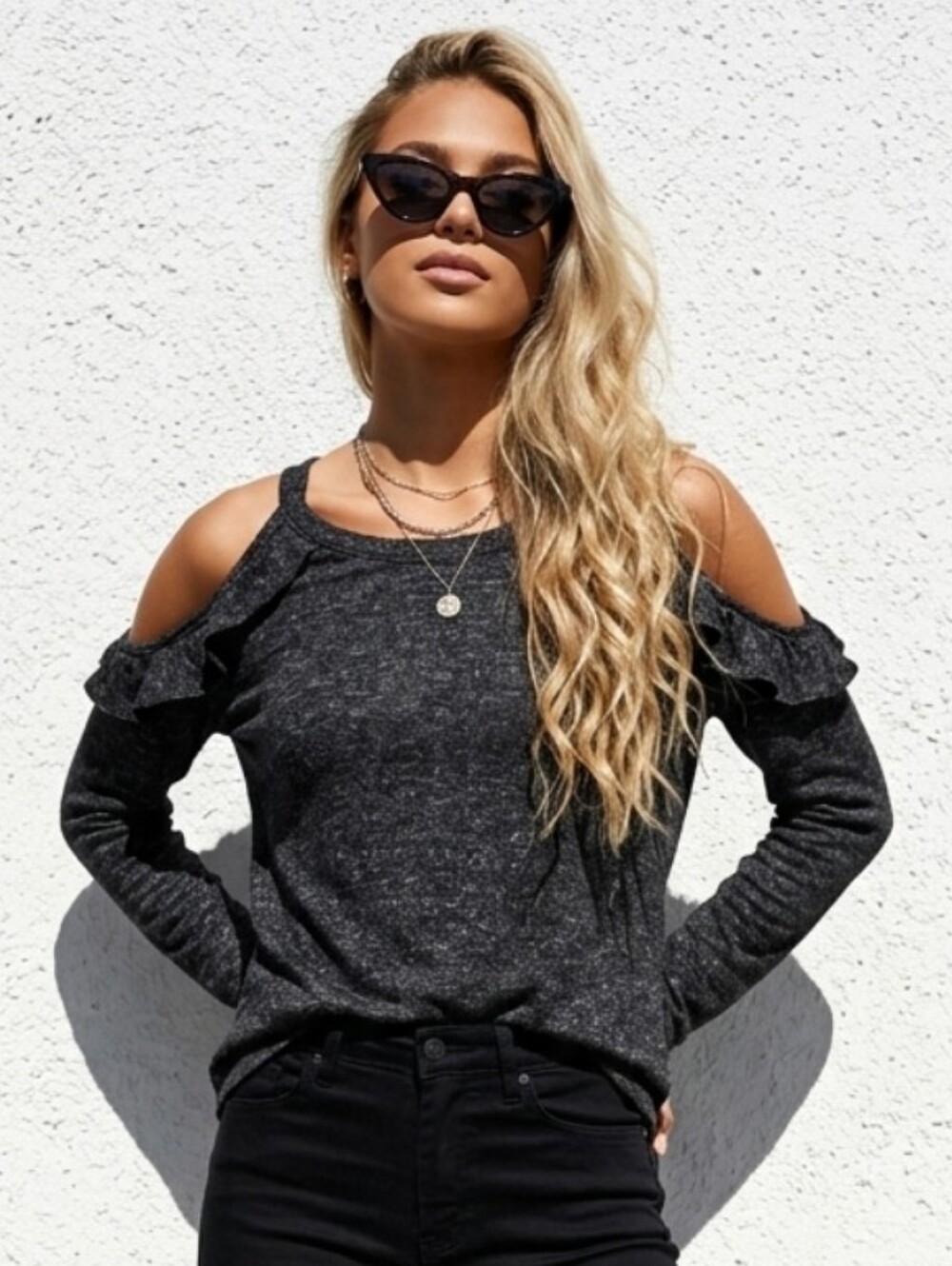 American Eagle Outfitters Black Cold-Shoulder Long Sleeve Knit Top